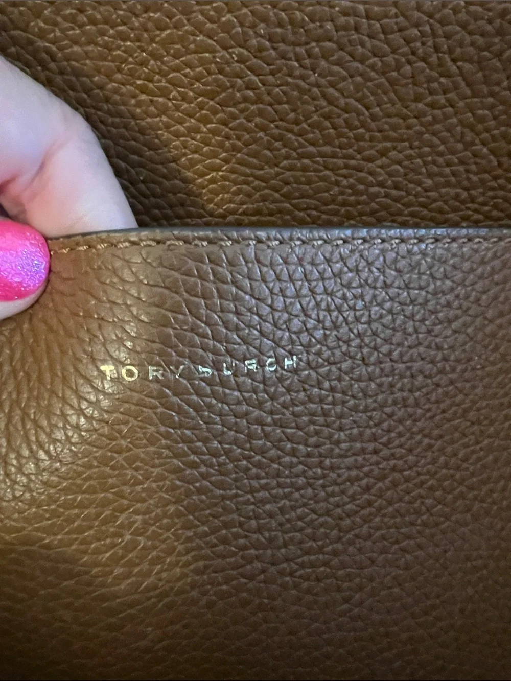 Tory Burch Chestnut Pebbled Leather Tote with Gold Logo